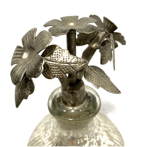 Vintage Mercury Glass Ribbed Bottle with Ornate Floral Silvertone Metal Stopper - Picture 10 of 10